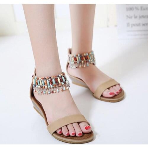 Sandals female 2021 new fashion ethnic style casual shoes woman solid string bead wedge outdoor sandals women shoes plus size