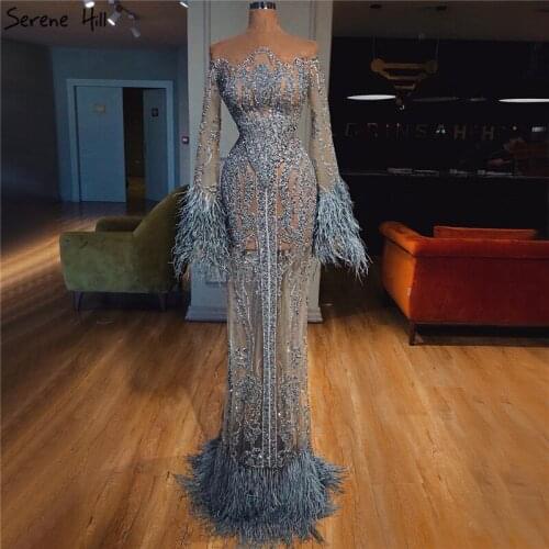 Silver Long Sleeve Feathers Beaded Party Dresses Mermaid Luxury Evening Gowns 2021 Serene Hill DLA60932