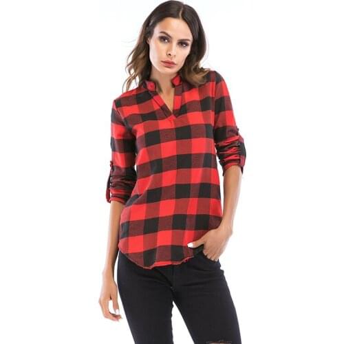 Lady New Autumn Spring Stand Collar V Neck Roll Tab Long Sleeves Tunic Plaid Pullover Shirt Blouse for Women Casual Shirts Top