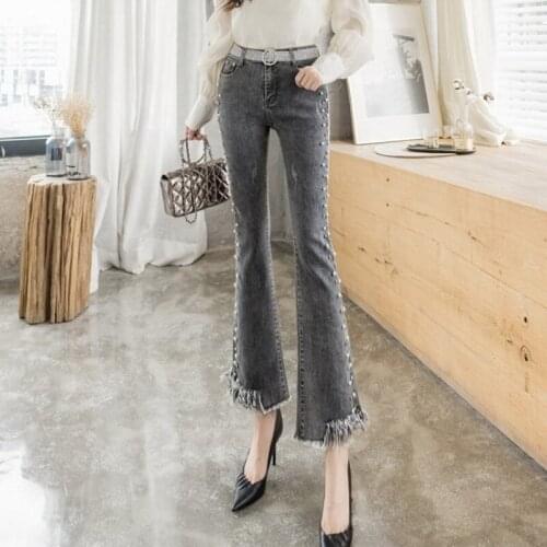 Woman Jeans Pants Autumn High Waist Chic Beading Tassel Denim Stretch Hole Ripped Womens Flare Pants Pantalones Vaqueros Mujer