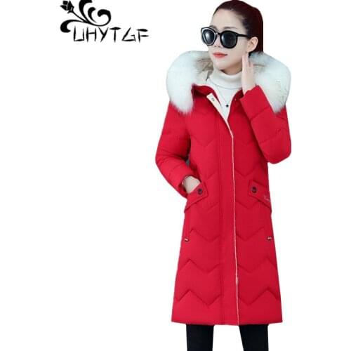 UHYTGF Women winter coat fashion fur collar hooded down jacket warm outerwear Korean thick slim plus size coat parker women 1758