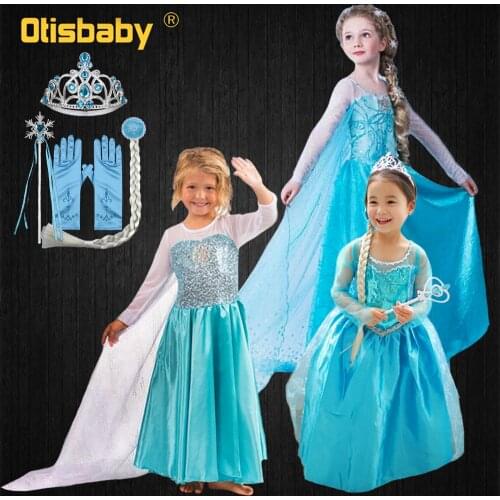 2021 Fairy Girl Elsa Dress Christmas Snow Queen Princess Dress Up Magic Stick Crown Wig Crystal Shoes Halloween Cosplay Costume
