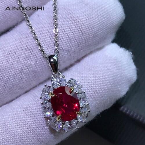 AINUOSHI 7x9mm Oval Cut Lad Created Ruby Classic Pendant Necklace For Women 925 Silver Jewelry Party Gifts Chain length 40+5mm
