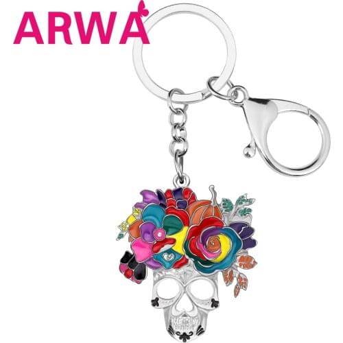 ARWA Floral Enamel Alloy Halloween Flower Skull Keychains Keyring Jewelry For Women Kid Girls Festival Gift Car Bag Decoration