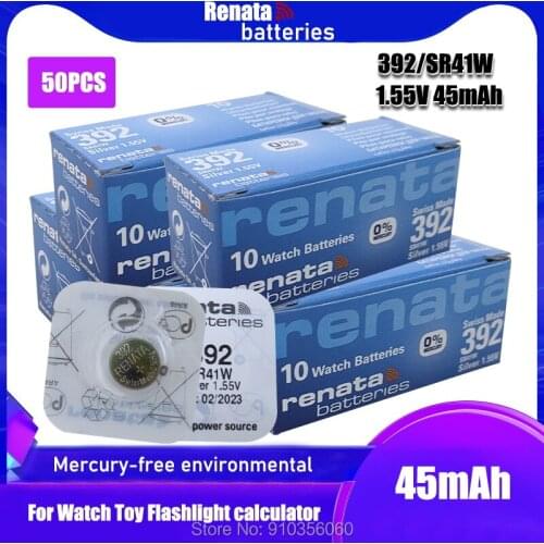 50PCS Renata Watch Battery 1.55V 392 SR41W Silver oxide Button Coin Cell Batteries MADE IN Swiss
