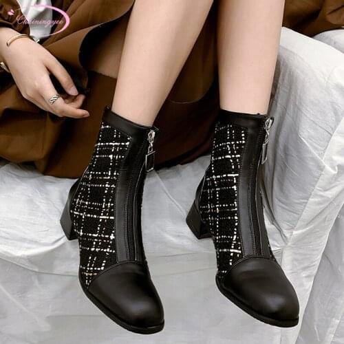 Party style round toe ankle boots knitting stripe zipper black gray medium with chunky motorcycle boots womens shoes big size