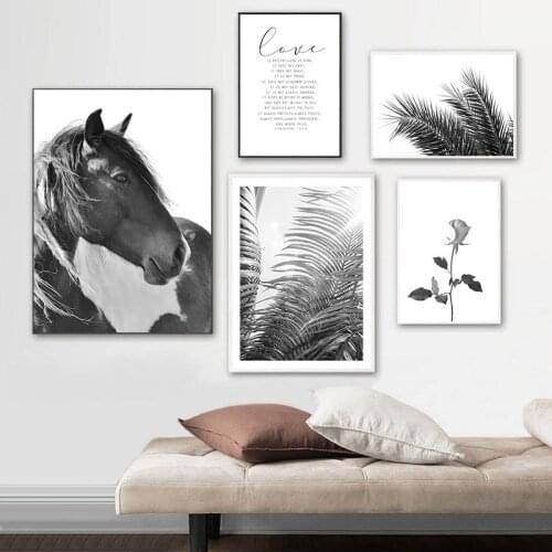 Black White Horse Wall Art Canvas Painting Poster Print Flower LOVE Quote Wall Picture for Living Room Modern Home Decor KL063