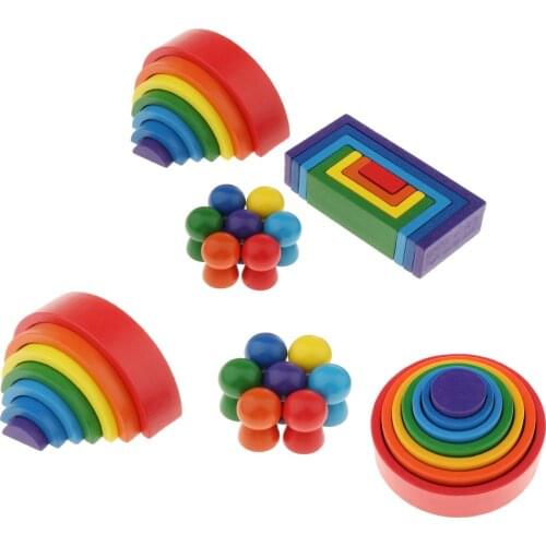 Kids Rainbow Color Wooden Building Stacker Bridge Blocks Match Shape Developmental Educational Toys Fun Creative Gift