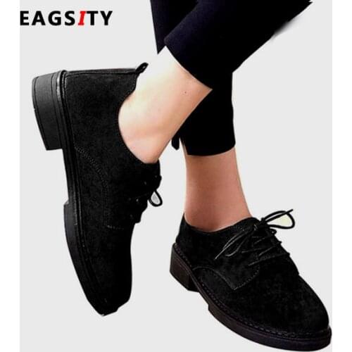 EAGSITY Suede women shoes casual vintage oxford shoes lace up round toe comfortable footwear sneaker work outdoor driving