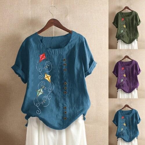 0437 Oversize Women T-Shirt Spring Fashion Chic Home Loose Kite Printing Button Irregular O-Neck Short Sleeve Pullover Tees