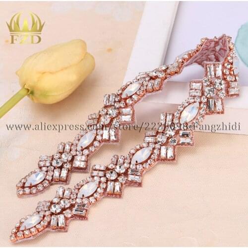 FZD 1 Piece Bridal Wedding Beaded Crystal Rhinestones Opal Applique For Sash Bling Belt for Woman Beading Glass Trim Waistband