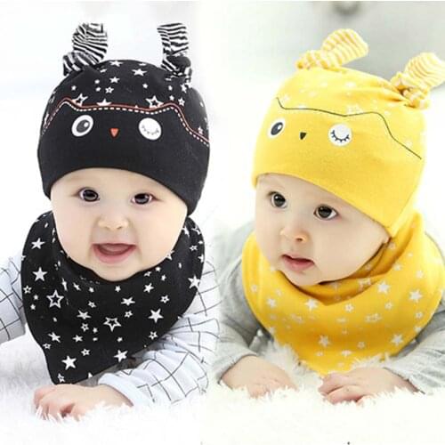 Newborn Baby Cotton Sleep Hat Cartoon Fashion Baby Photography Accessories Caps+Bibs 2pc Set for Infant Boy Girl Toddler Clothes