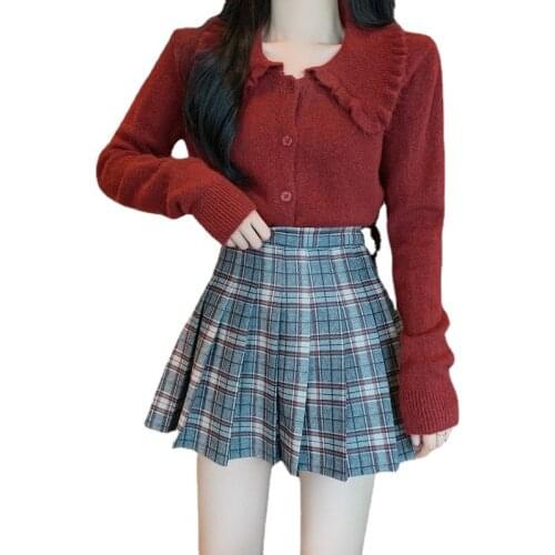 Sweet Girl Peter Pan Collar Cardigan Fashion 2 Piece Dress Sets Long Sleeve Knit Tops&Plaid Pleated Mini Skirt 2PC Dress Suits