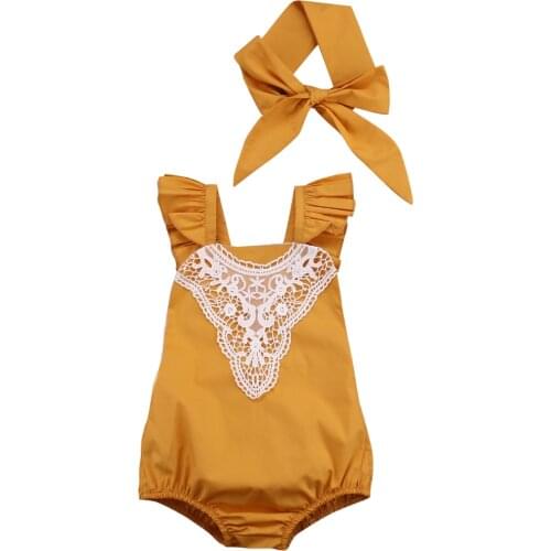 Citgeett Cotton Kids Baby Girl One-pieces Romper Sleeveless Jumpsuit Lace Sunsuit Outfits With Yellow Headband