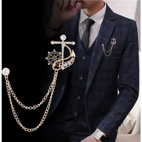 Korean Crystal Anchor Brooches for Women Men Tassel Chain Rhinestone Collar Pins Suit Shirt Badge Fashion Luxulry Jewelry Gifts