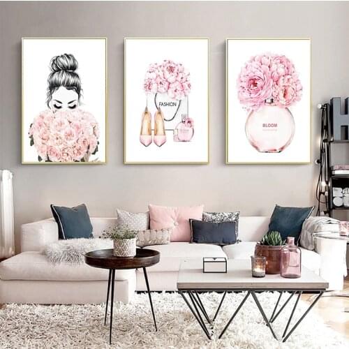 Fashion Girl Pink Flowers Perfume Bottle Canvas Painting Nordic Posters Prints Book Cartoon Abstract Wall Picture Bedroom Decor