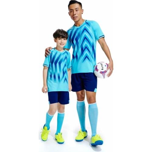 New Men and Kids Soccer Jerseys Set Custom Name Number Light Blue White Color Boys Football Games Uniform Trainning Jersey Suit