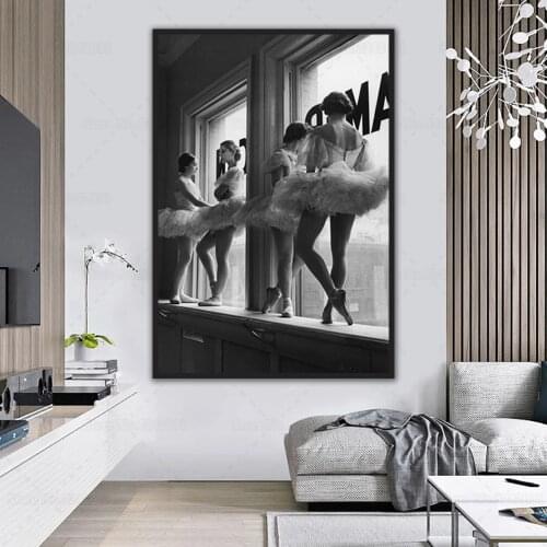 Ballerina Stand At The Window Photo Poster Black and White Ballet Dancer Canvas Painting Wall Art Decor
