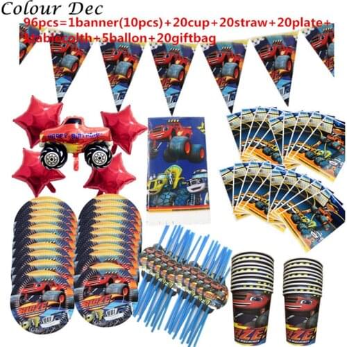 96pcs/lot 20people use Baby Shower Blaze and Machines Decorate Cups Plates Kids Favors Flags Happy Birthday Party Tableware