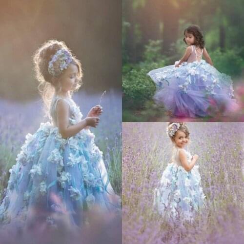 2019 Flower Girl Dresses Custom Made Sleeveless 3D Floral Appliques Girls Communion Dress with Pearls