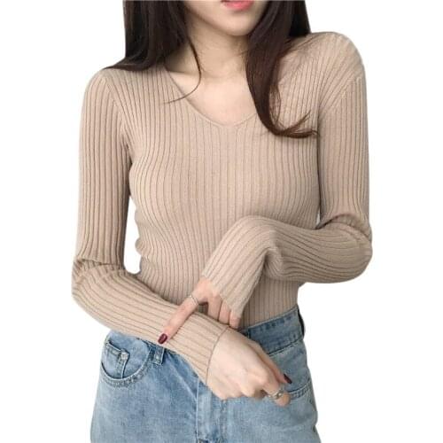 Slim Autumn Sweater Women Fashion V-Neck Bottoming Sweaters Solid Color Winter Basic Tops Wild Long Sleeve Pullover Dropshipping