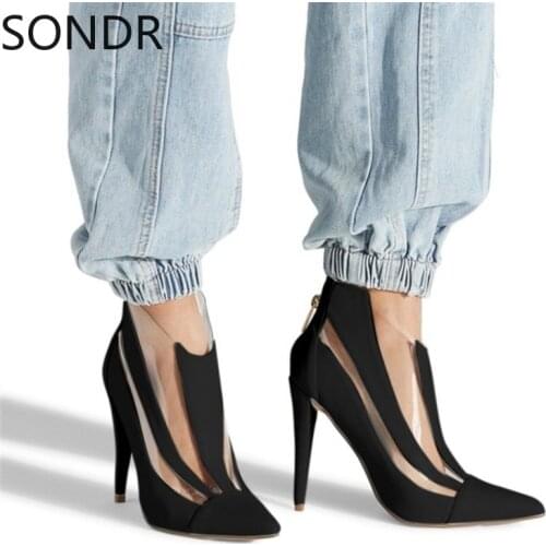 US4-13 Womens Pointy Toe Ankle Boots PVC Clear Transparent Stitching PU Stilettos High Heel Sexy Shoes Plus Size_48 3Colors New