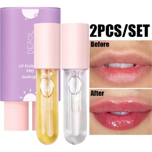 2Pcs Day Night Lip Plumper Oil Clear Long Lasting Nourishing Repairing Reduce Lip Fine Line Care Lip Gloss Sexy Makeup Cosmetic