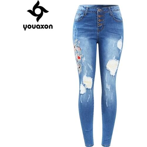 2133 Youaxon New Button Fly Real Emboridery Ripped Jeans Woman Plus Size Stretchy Denim Skinny Pants Trousers For Women Jeans