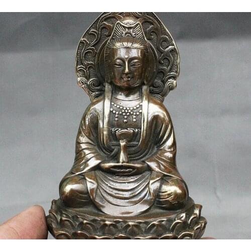 6" China Buddhiam Bronze Seat Lotus Vase Kwan-yin Guanyin Goddess Buddha Statue 160817