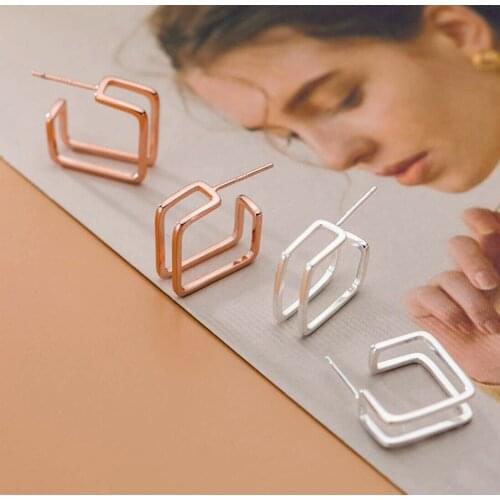 925 Sterling Silver 2 layer Square Lines Post Stud Earrings A1395