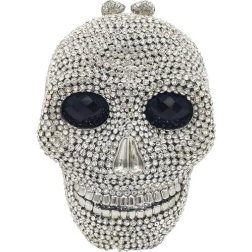Boutique De FGG Halloween Novelty Funny Skull Clutch Women Silver Evening Bags Party Cocktail Crystal Purses and Handbags
