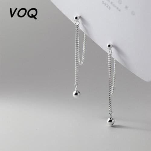 VOQ 925 Sterling Silver Round Bead Chain Long Earrings Minimalist Textured Elegant Drop Earrings Female Jewelry Girls Gifts