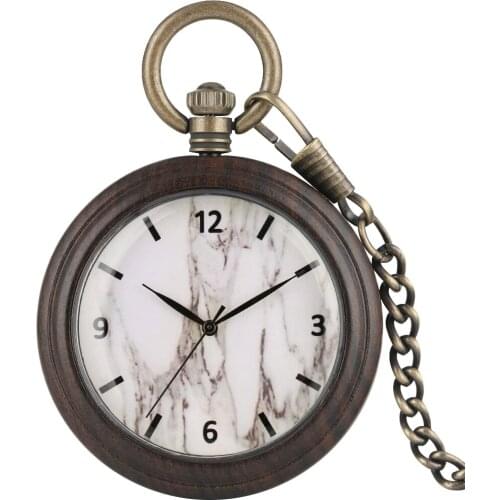 Classic Ebony Wooden Pocket Watch White Marble Dial Pocket Watches Bronze Pendant Chain Gifts For Men Women