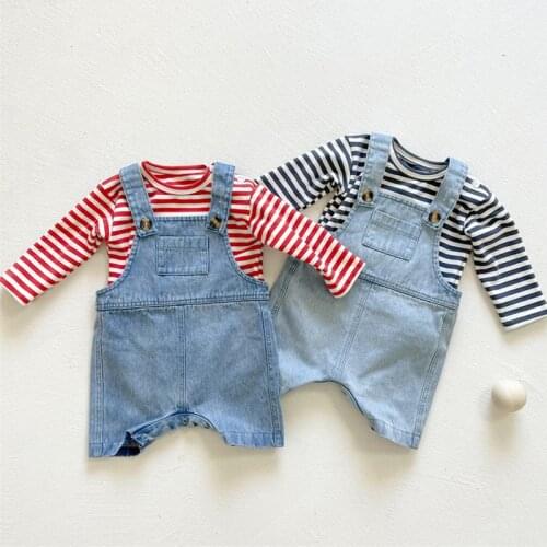 Baby Girl Clothing Set Striped Long Sleeve T-shirt+Cowboy Jumpsuit Korean Style Spring Autumn Toddler Baby Girl Clothes Suit