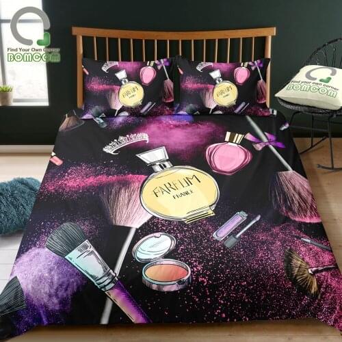 BOMCOM 3D Digital Printing Duvet Cover Set Fashion Girl Modern Lady Makeup Collections Cosmetic Theme Bedding Set 100% Microfibe
