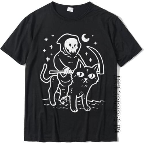 Grim Reaper Riding Cat Moon Funny Death Halloween Costume T-Shirt T Shirt Tops Tees Cotton Custom Print Men