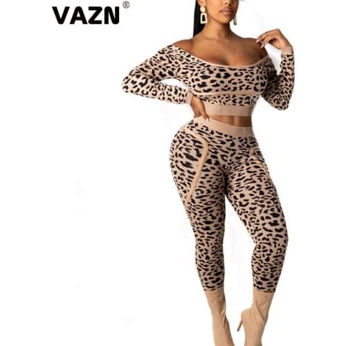 VAZN 2020 Top Quality Leopard Sexy Club Open Young Strapless Full Sleeve High Waist Long Pants Skinny Women 2 Piece Set
