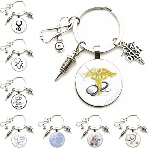 Creative Jewelry Antique DH Bump Glass Keychain Pendant Medical Sign Stethoscope Syringe Man Woman Car Keyring Gift Party
