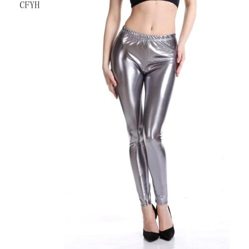 Sexy Slim Pencil Pants Women Punk Rock Faux Leather Bright High Waist Candy Leggings Femme Metallic Texture Leggings