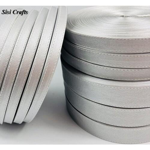 Sisi Crafts Tape Stitched Silver PU Leather Ribbon 10 16 30mm Faux Leather Flat Cord Bias DIY Hair Bow Collar Handmade Accessory