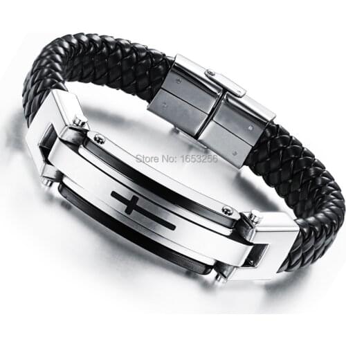 Hotsale Jewlery Genuine Leather Stainless Steel Buckle Braided Cool Mens Cross Chain Bracelet 8.66
