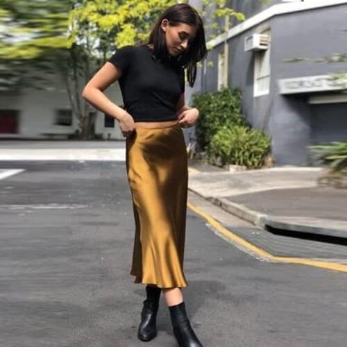 Fashion Gold Satin Office Lady Skirts Saia Mujer Faldas Mid -Calf Casual Elegant Women Clothes Party Formal Wear Custom Made