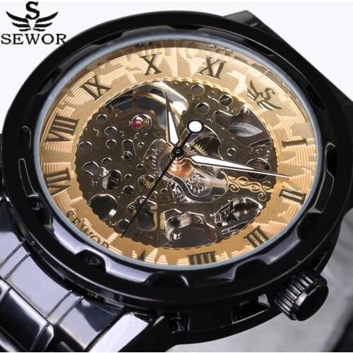 SEWOR Gold Men Skeleton Mechanical Watch Stainess Steel Steel Hand Wind Watches Transparent Steampunk Montre Homme Wristwatch