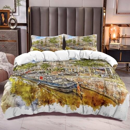 Microfiber Soft Duvet Cover Zipper Closure Corner Ties with River Building Painting White Reverse Comforter Cover Sets Boats