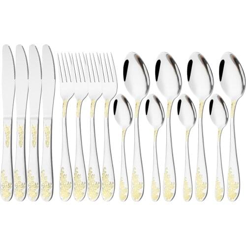 4Pcs/Set Stainless Steel Cutlery Set Knife Fork Spoon Dinnerware Tableware Set Carved Golden Pattern Kitchen Silverware Flatware