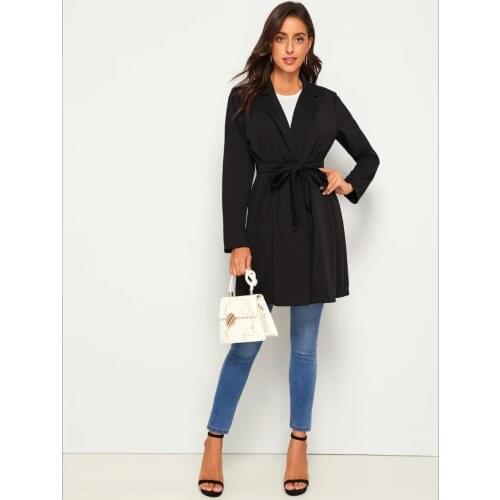 Neatie kiddie Black Fashion Long Trench Coat For Women Belt Turn-down Collar Office Lady OL Coat Outwear