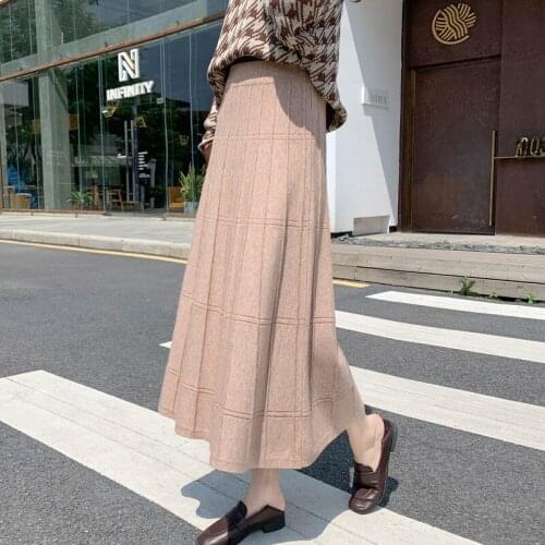 2020 Autumn Winter New Slim Elastic High Waist Casual Simple Knitted Large Hem Umbrella Skirt A-line Pleated Skirt Free Shipping