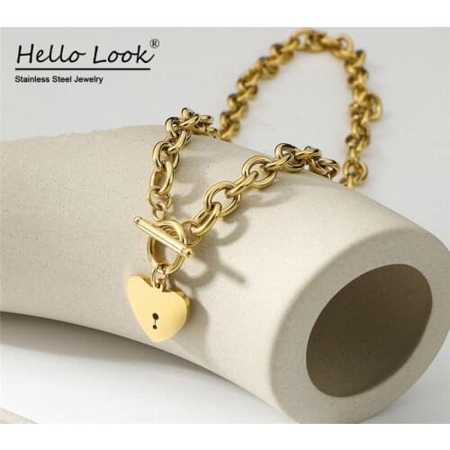 Hellolook Punk Love Necklace 14K Gold Love Heart Piece Pendant Necklace OT Buckle Thick Clavicle Chain Necklace Free Shipping