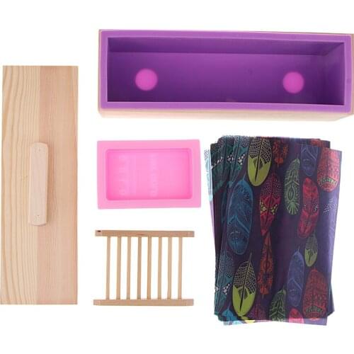 4 Pack Handmade Rectangular Soap Silicone Mold with Wood Box for Soap Making, Flexible DIY Mold Tool for Art Craft Soap Making