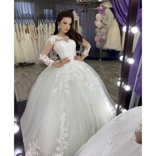 Puffy Ball Gown Long Sleeves Wedding Dress Sheer O-neck lace Russia Bride Dress Sparkle Tulle Wedding Gown vestido de novia